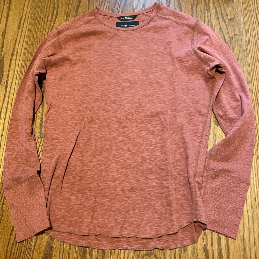 Wings + Horns 1 x 1 slub long sleeve tee. Burnt Orange. Size Medium.
